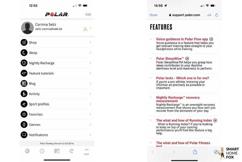 Man sieht die verschiedenen Einstellungsmöglichkeiten in der Polar Flow App.